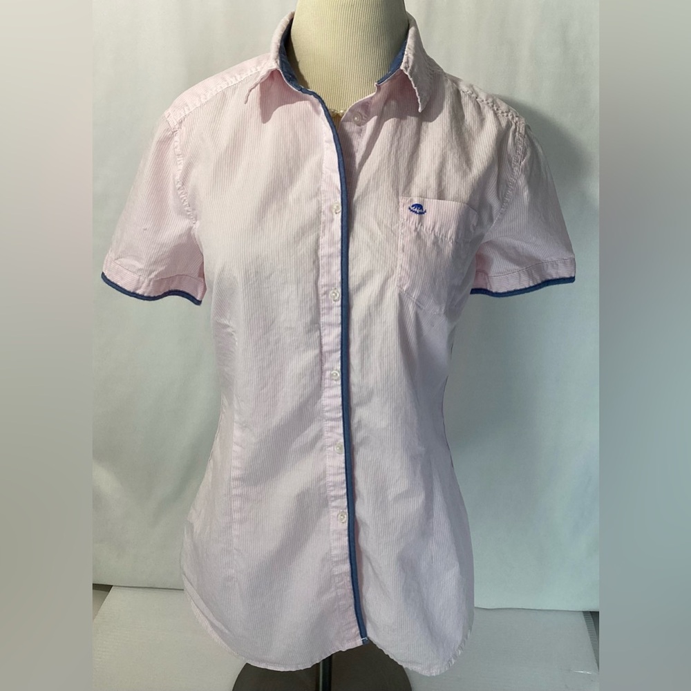 Timeout Woman’s Blouse Top Size L Button Up Collared White/Pink Stripes Cotton